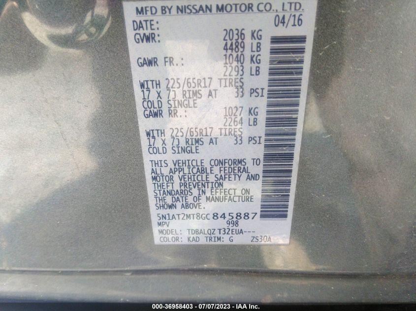 2016 NISSAN ROGUE S/SL/SV - 5N1AT2MT8GC845887