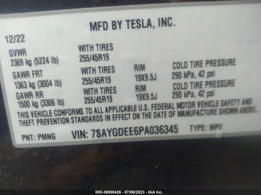 2023 TESLA MODEL Y LONG RANGE - 7SAYGDEE6PA036345