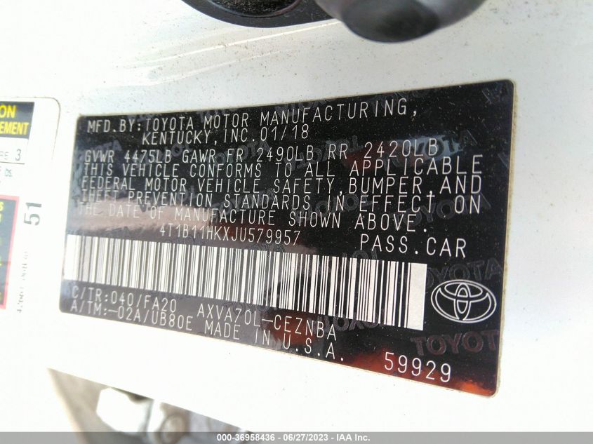2018 TOYOTA CAMRY LE/SE/XLE/L - 4T1B11HKXJU579957