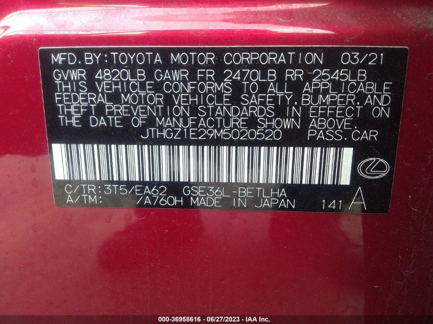2021 LEXUS IS IS 350 F SPORT - JTHGZ1E29M5020520