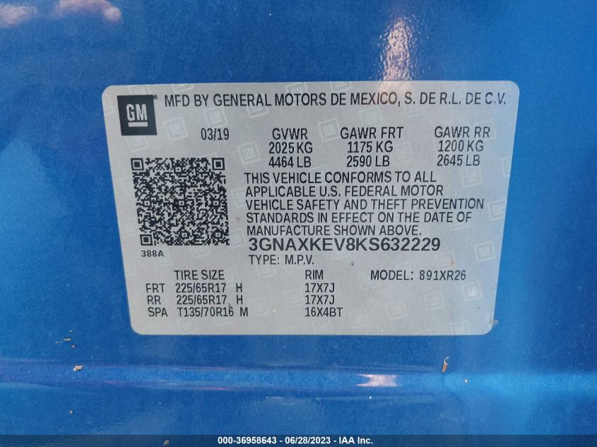 2019 CHEVROLET EQUINOX LT - 3GNAXKEV8KS632229
