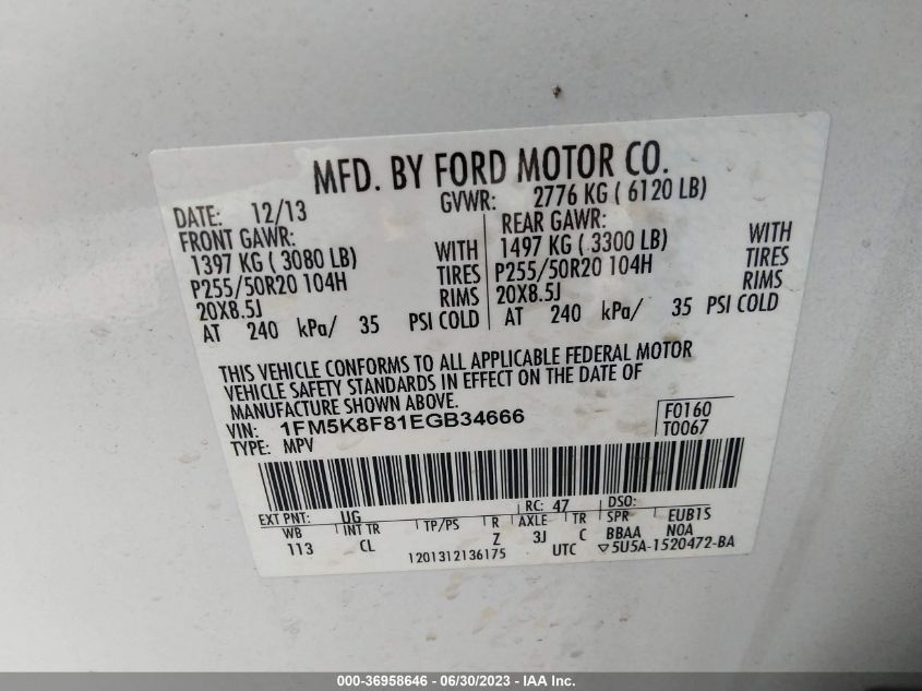 2014 FORD EXPLORER LIMITED - 1FM5K8F81EGB34666