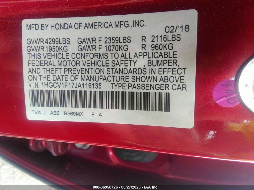 2018 HONDA ACCORD SEDAN LX 1.5T - 1HGCV1F17JA116135