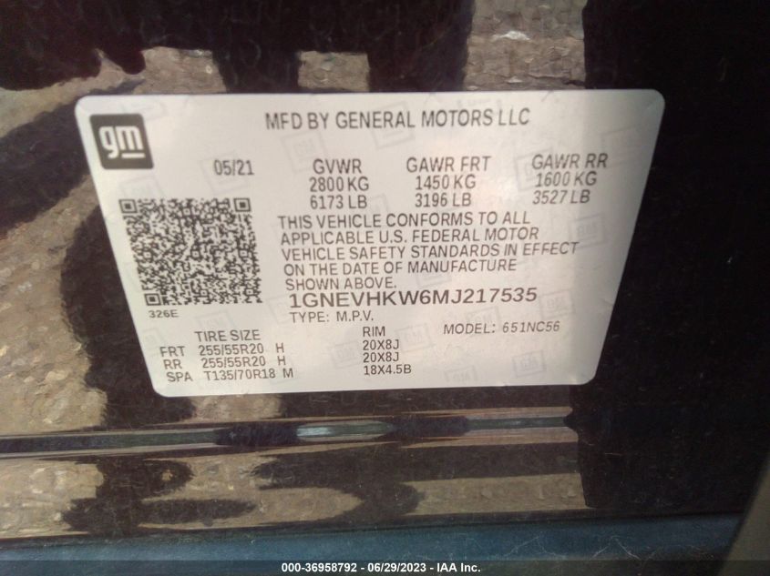 2021 CHEVROLET TRAVERSE LT LEATHER - 1GNEVHKW6MJ217535
