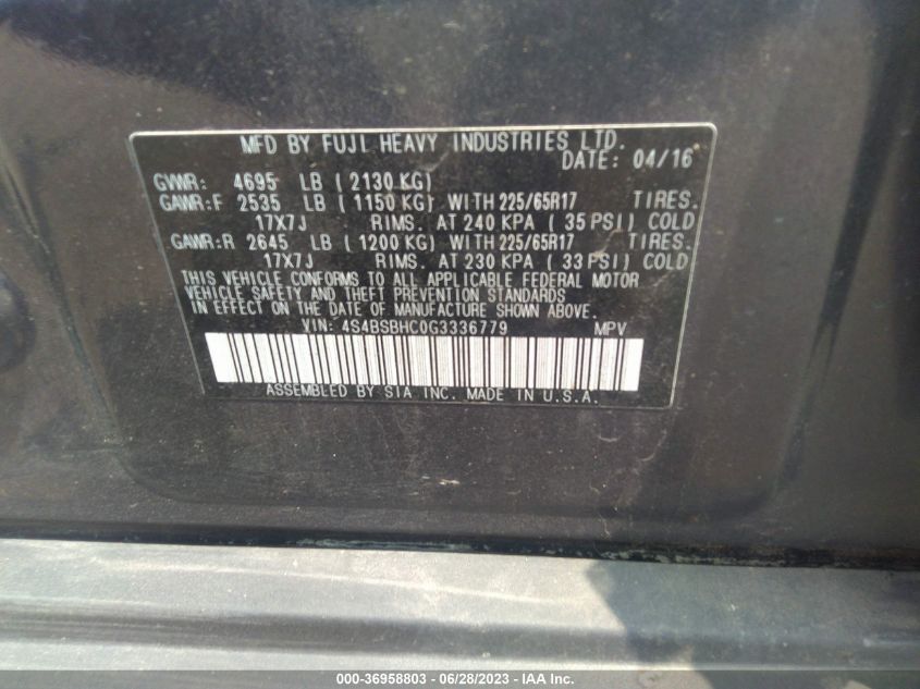 2016 SUBARU OUTBACK 2.5I PREMIUM - 4S4BSBHC0G3336779