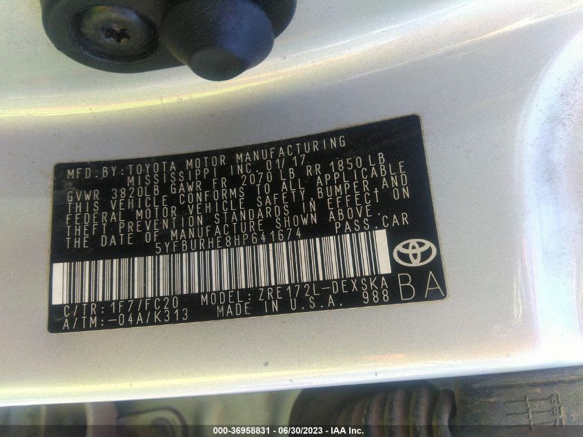 2017 TOYOTA COROLLA L/LE/XLE/SE/XSE - 5YFBURHE8HP641674