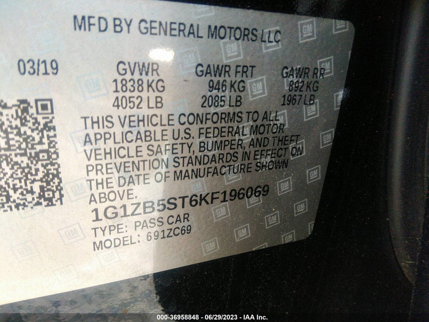VIN 1G1ZB5ST6KF196069 2019 CHEVROLET MALIBU LS