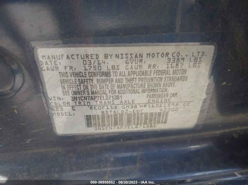 2014 NISSAN VERSA SV - 3N1CN7AP7EL871381
