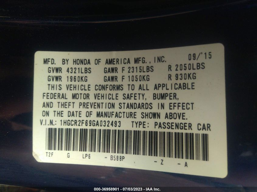 2016 HONDA ACCORD SEDAN SPORT - 1HGCR2F69GA032493
