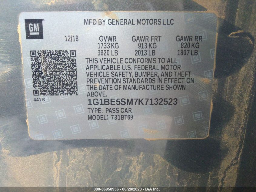 2019 CHEVROLET CRUZE LT - 1G1BE5SM7K7132523