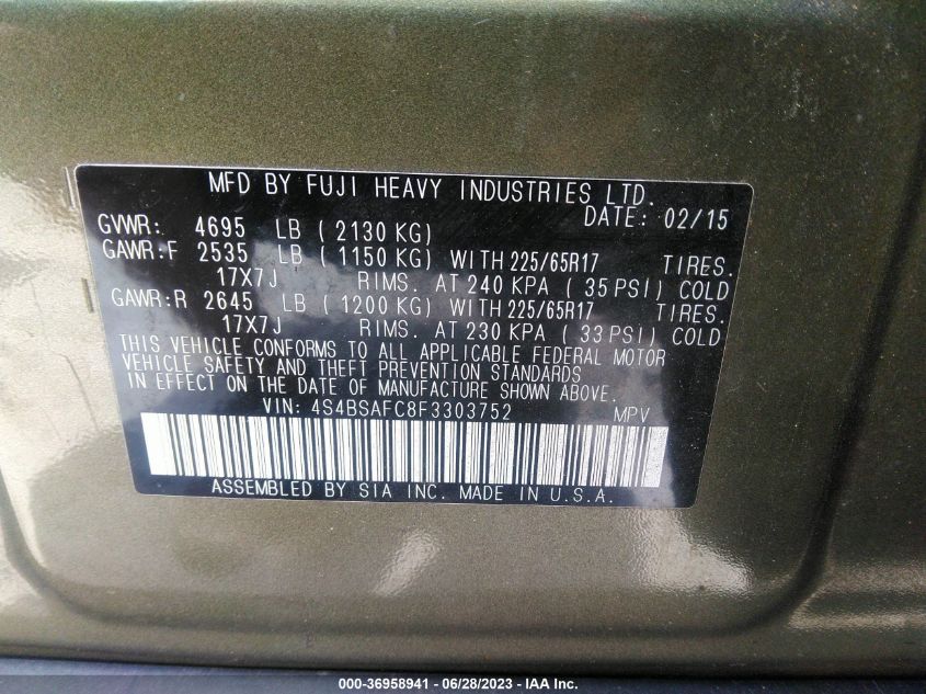 2015 SUBARU OUTBACK 2.5I PREMIUM - 4S4BSAFC8F3303752