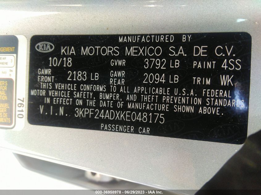 2019 KIA FORTE LXS - 3KPF24ADXKE048175