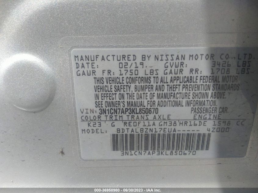 2019 NISSAN VERSA SEDAN SV - 3N1CN7AP3KL850670