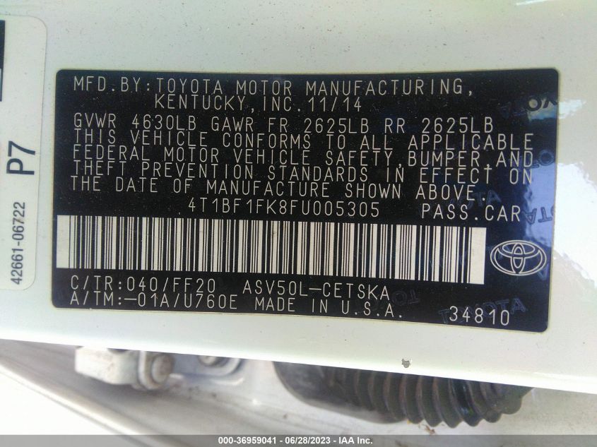 2015 TOYOTA CAMRY XLE/SE/LE/XSE - 4T1BF1FK8FU005305