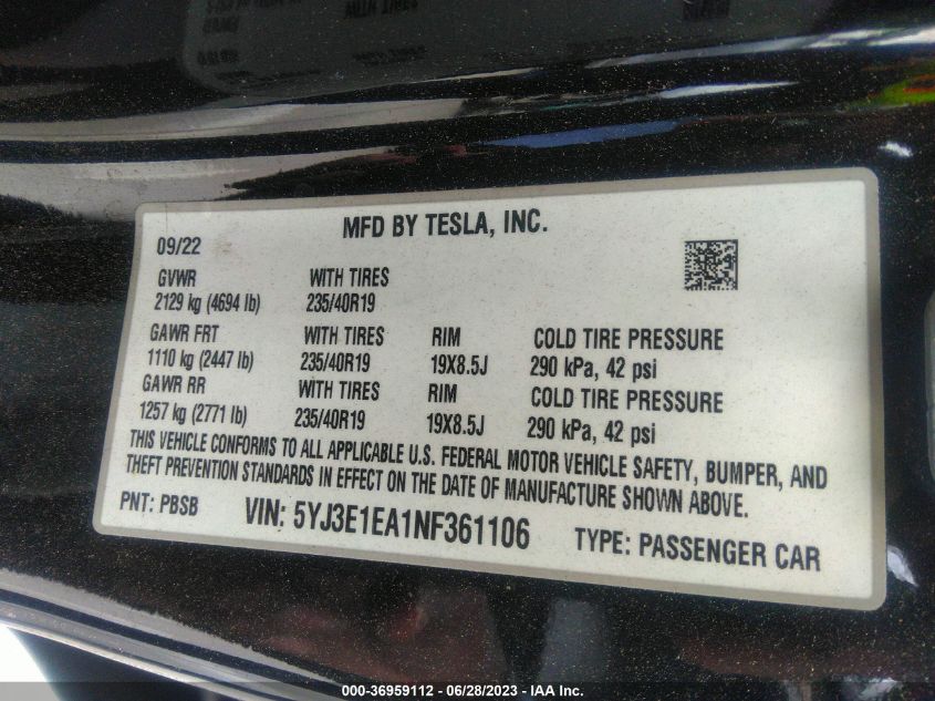 2022 TESLA MODEL 3 - 5YJ3E1EA1NF361106