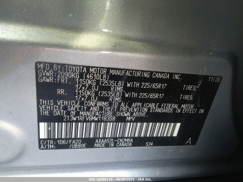 2021 TOYOTA RAV4 XLE - 2T3W1RFV6MW118358