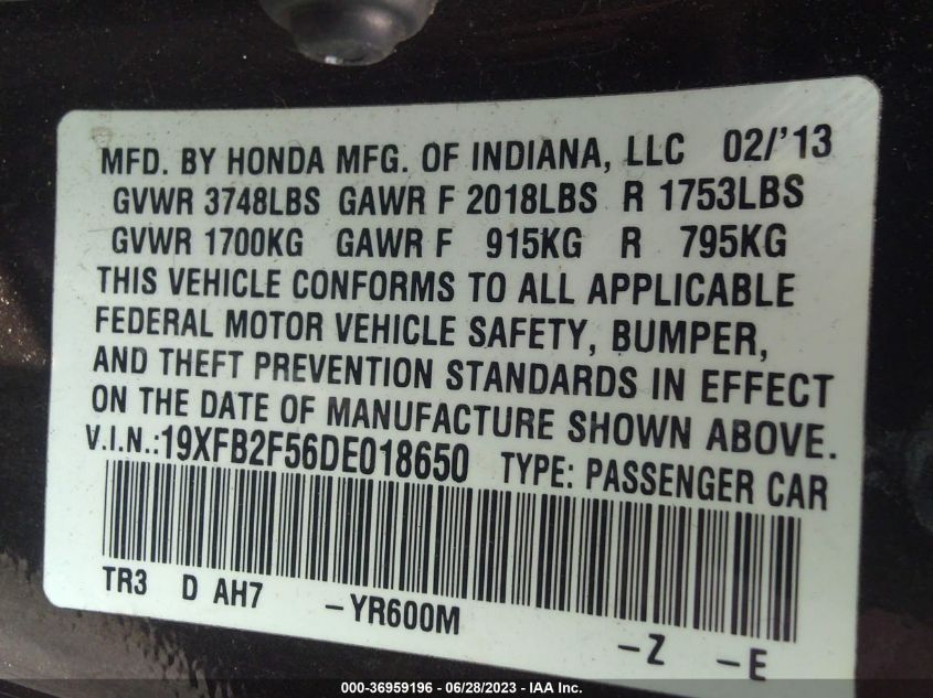 2013 HONDA CIVIC SDN LX - 19XFB2F56DE018650