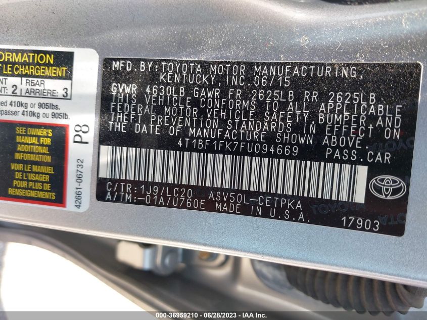 2015 TOYOTA CAMRY XLE/SE/LE/XSE - 4T1BF1FK7FU094669