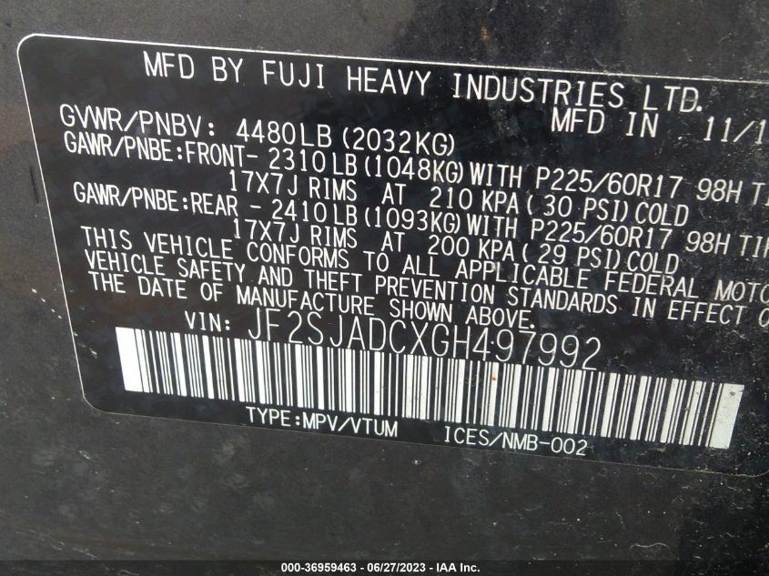2016 SUBARU FORESTER 2.5I PREMIUM - JF2SJADCXGH497992