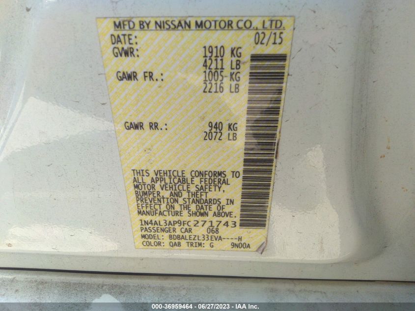 2015 NISSAN ALTIMA 2.5 S - 1N4AL3AP9FC271743