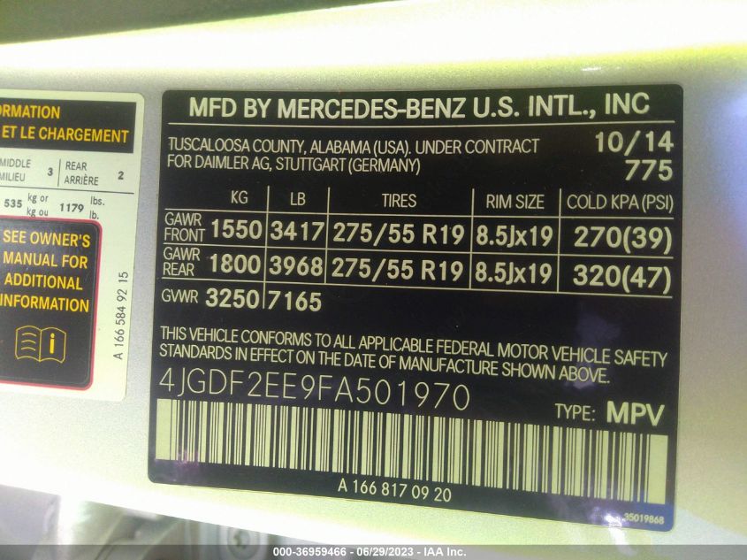 2015 MERCEDES-BENZ GL-CLASS GL 350 BLUETEC 4JGDF2EE9FA501970