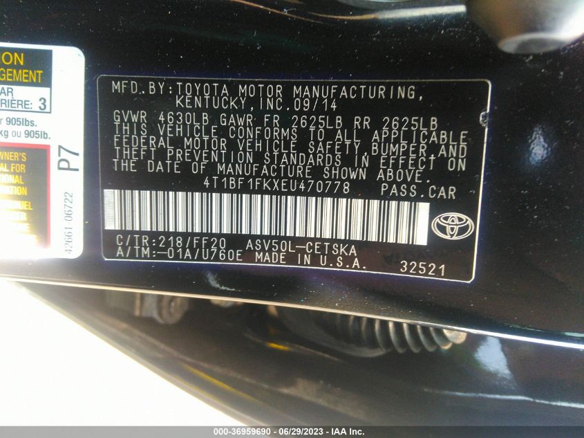 2014 TOYOTA CAMRY L/LE/XLE/SE/SE SPORT - 4T1BF1FKXEU470778