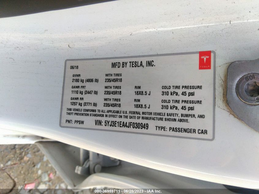 2018 TESLA MODEL 3 RANGE BATTERY - 5YJ3E1EA4JF030949