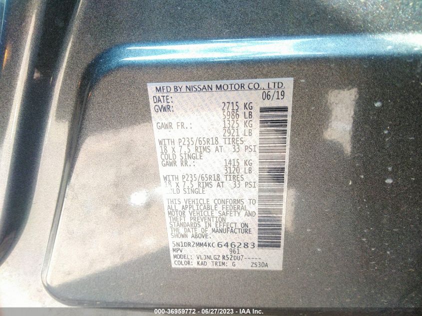 2019 NISSAN PATHFINDER SL - 5N1DR2MM4KC646283