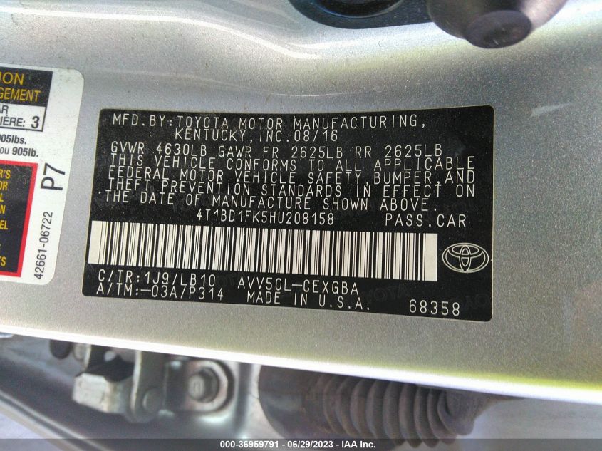 2017 TOYOTA CAMRY HYBRID - 4T1BD1FK5HU208158