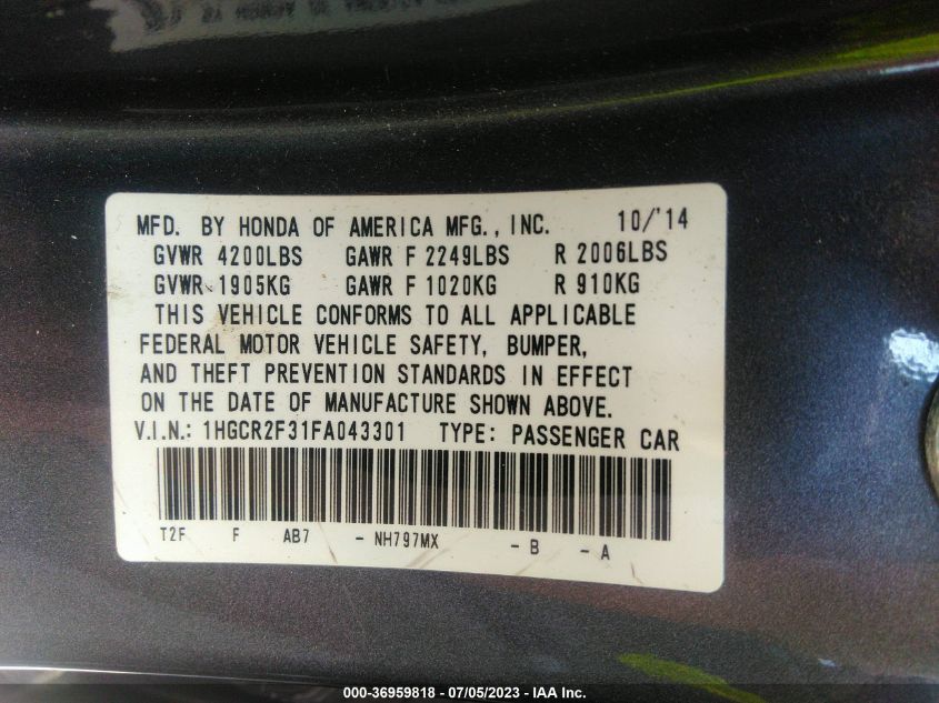 2015 HONDA ACCORD SEDAN LX - 1HGCR2F31FA043301