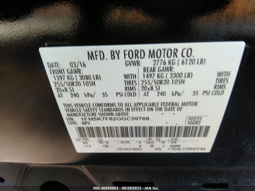 2016 FORD EXPLORER LIMITED - 1FM5K7F82GGC59768