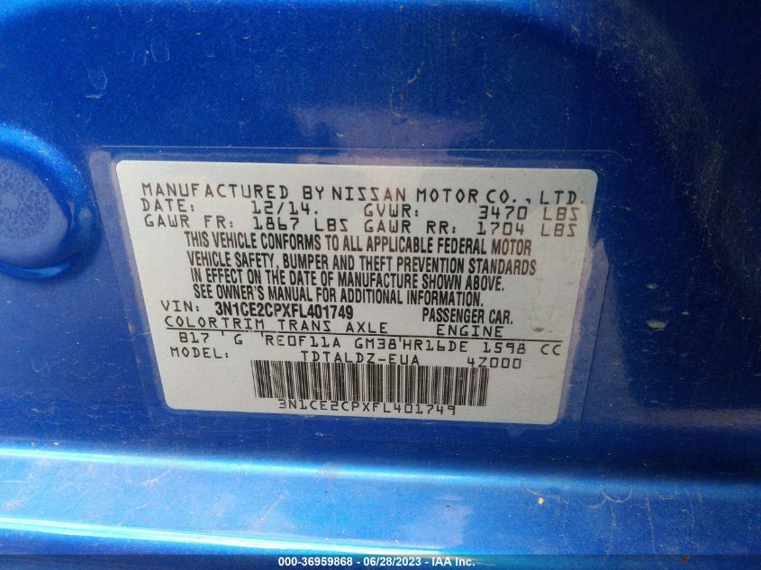 2015 NISSAN VERSA NOTE S/S PLUS/SV/SR/SL - 3N1CE2CPXFL401749