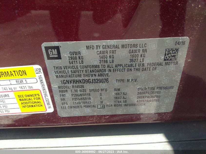 2016 CHEVROLET TRAVERSE LT - 1GNKRHKD9GJ329076