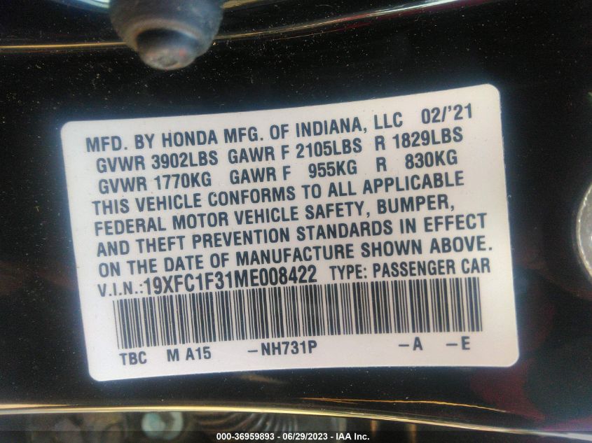 2021 HONDA CIVIC SEDAN EX - 19XFC1F31ME008422