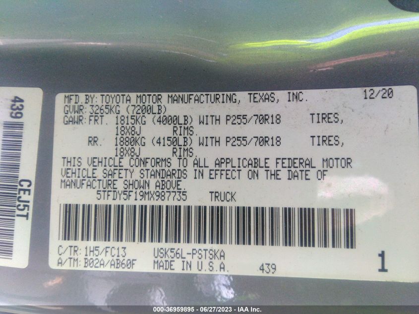 2021 TOYOTA TUNDRA 4WD SR5/TRD PRO - 5TFDY5F19MX987735