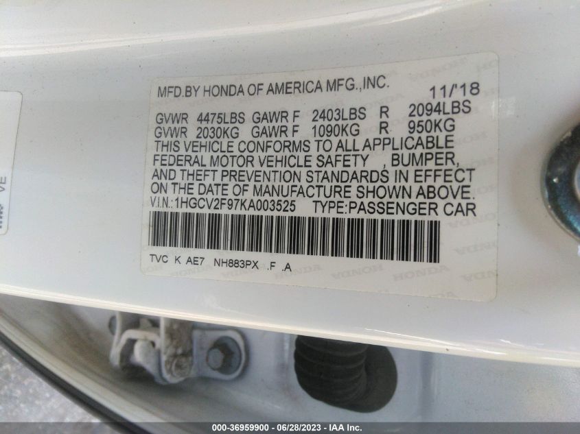 2019 HONDA ACCORD SEDAN TOURING 2.0T - 1HGCV2F97KA003525