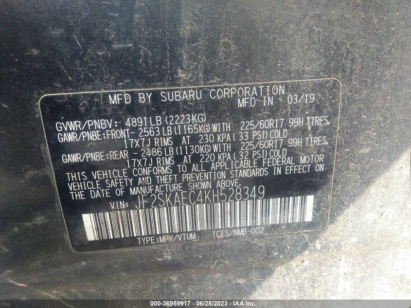 VIN JF2SKAEC4KH528349 2019 SUBARU FORESTER PREMIUM