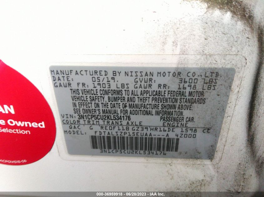 2019 NISSAN KICKS SV - 3N1CP5CU2KL534176