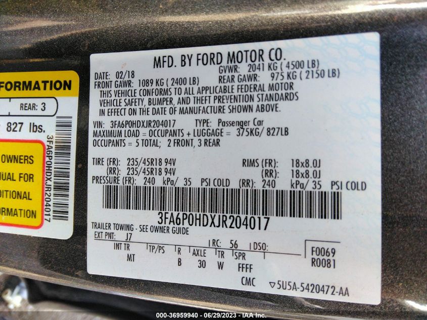 2018 FORD FUSION SE - 3FA6P0HDXJR204017