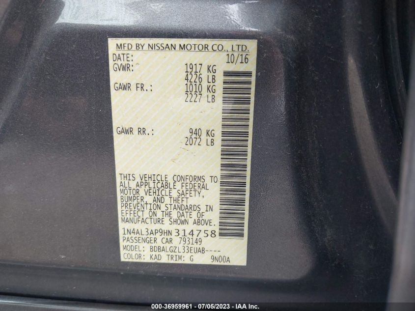 2017 NISSAN ALTIMA 2.5 S - 1N4AL3AP9HN314758