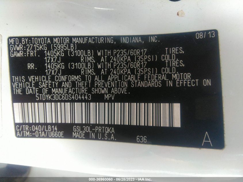 2013 TOYOTA SIENNA XLE/LIMITED - 5TDYK3DC6DS404443