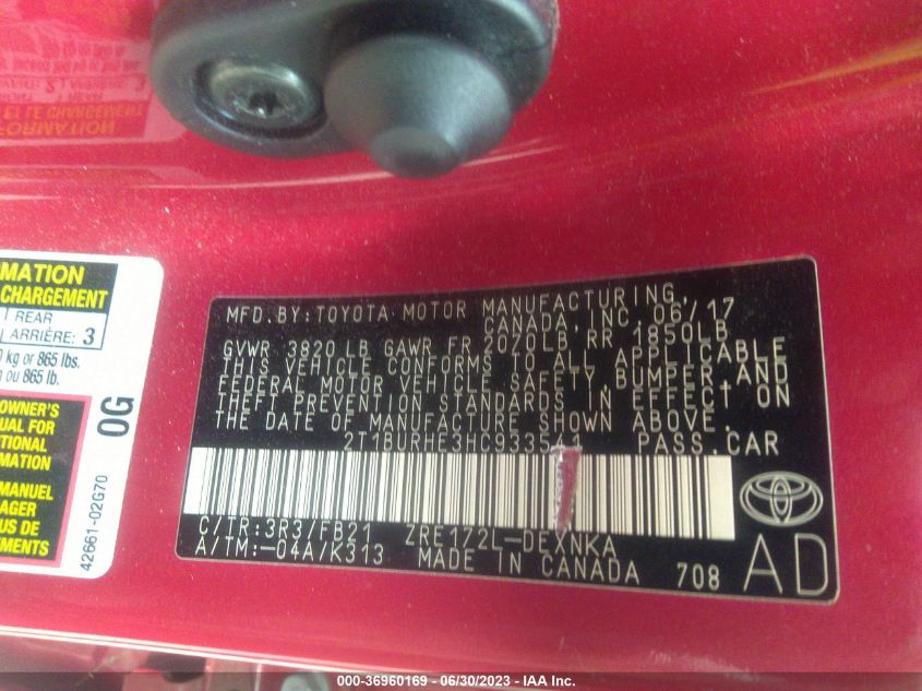 2017 TOYOTA COROLLA L/LE/XLE/SE - 2T1BURHE3HC933541