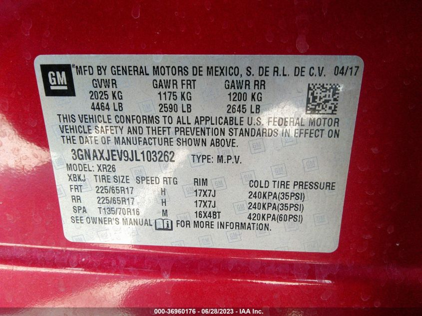 2018 CHEVROLET EQUINOX LT - 3GNAXJEV9JL103262