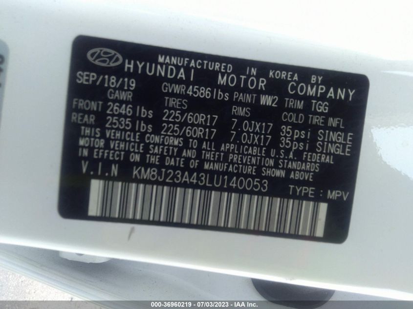 2020 HYUNDAI TUCSON SE - KM8J23A43LU140053