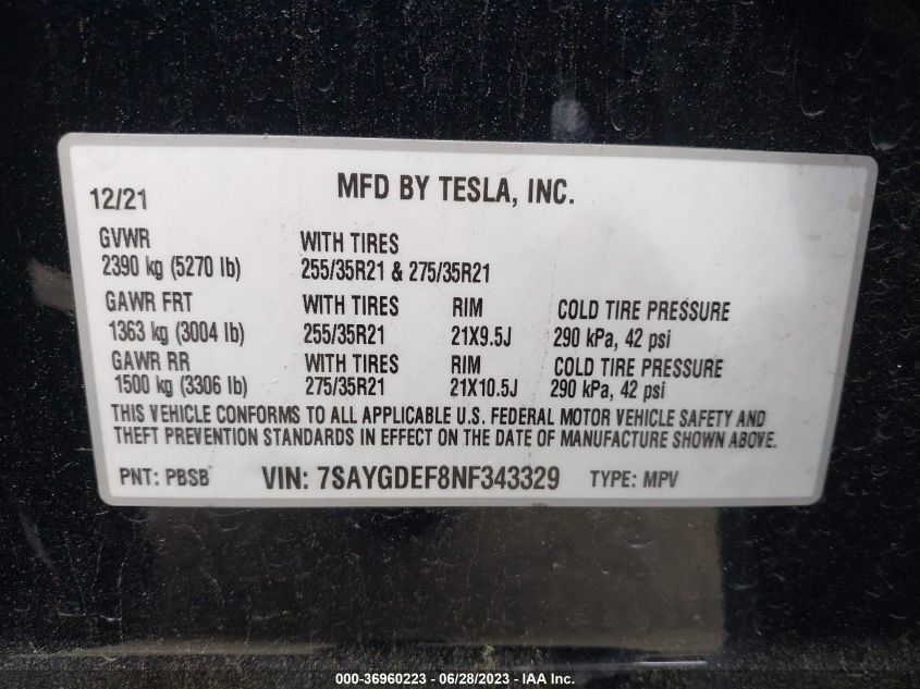 2022 TESLA MODEL Y PERFORMANCE - 7SAYGDEF8NF343329