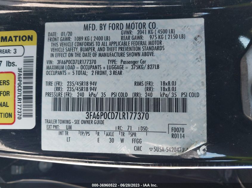 3FA6P0CD7LR177370 2020 FORD FUSION, photo no. 9