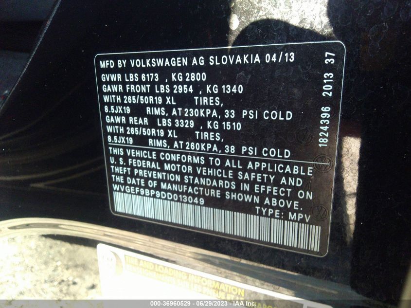 2013 VOLKSWAGEN TOUAREG V6 - WVGEF9BP9DD013049