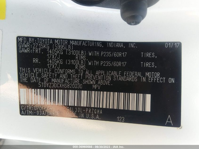 2017 TOYOTA SIENNA XLE AUTO ACCESS - 5TDYZ3DCXHS820030