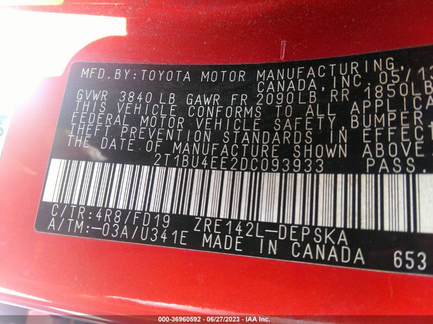 2013 TOYOTA COROLLA L/LE/S - 2T1BU4EE2DC093933