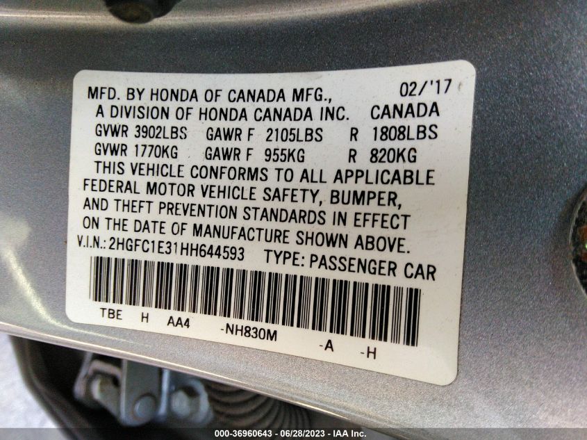2017 HONDA CIVIC SEDAN EX-T - 2HGFC1E31HH644593